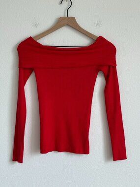 Express Cherry Red Off-Shoulder Knit Top XS Coquette Balletcore Ribbed Blouse